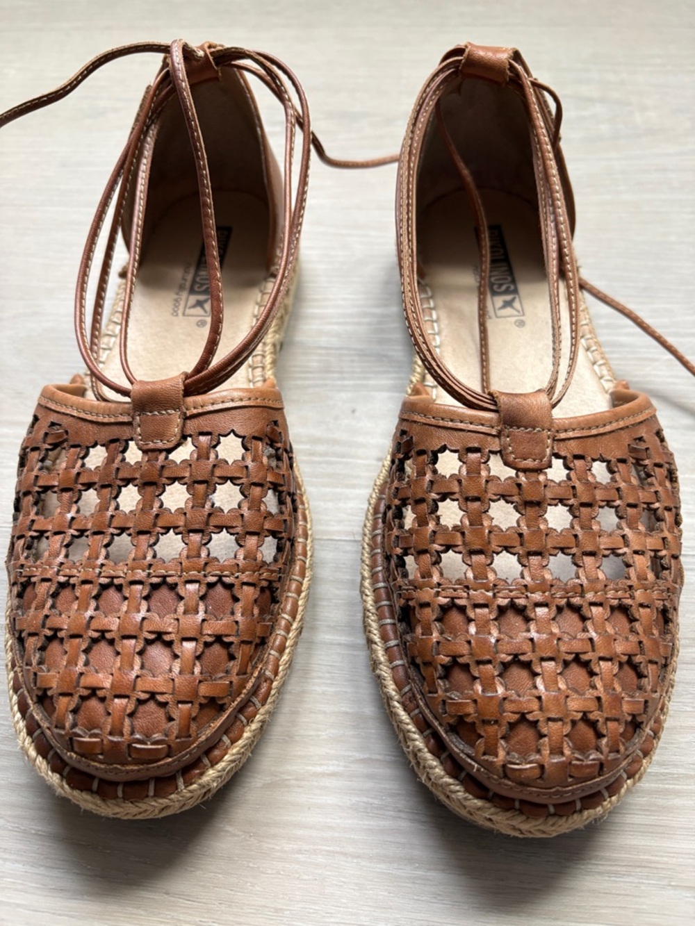 PIKOLINOS Tan Braided Leather Espadrille Flats with Ankle Tie